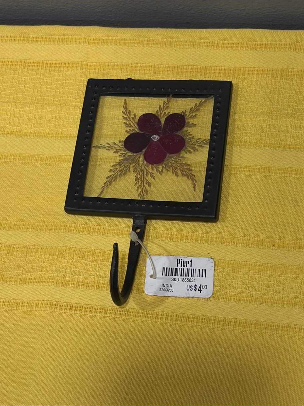 Pier 1 Deadstock Black Wall Hook with Deep Red Floral Inset
